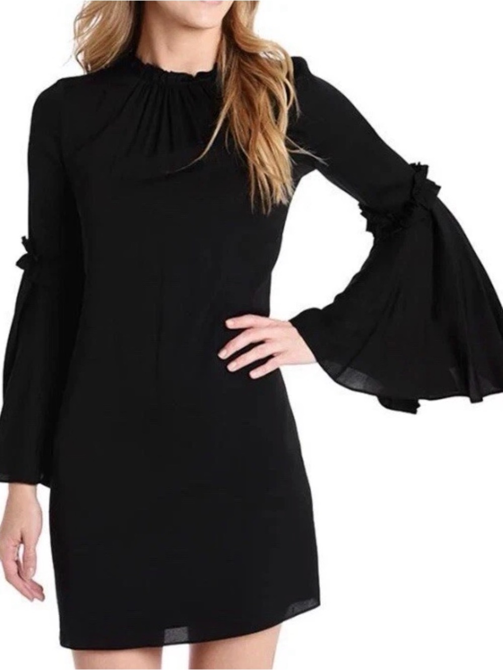 $525 Milly Cassie Dress Size 4 Black Ruffle Bell Sleeve Shift Dress Made in USA
